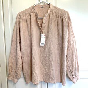 UNIQLO Womens Cotton Dobby Button Long Sleeve Blouse Top Peach Oversized Size S